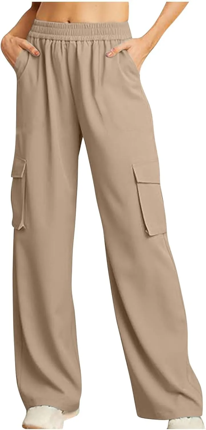 Palazzo Pants for Women Elastic Waisted Lounge Pants Fall Street Wear Straight Wide Leg Pants with Multi Pockets y2k