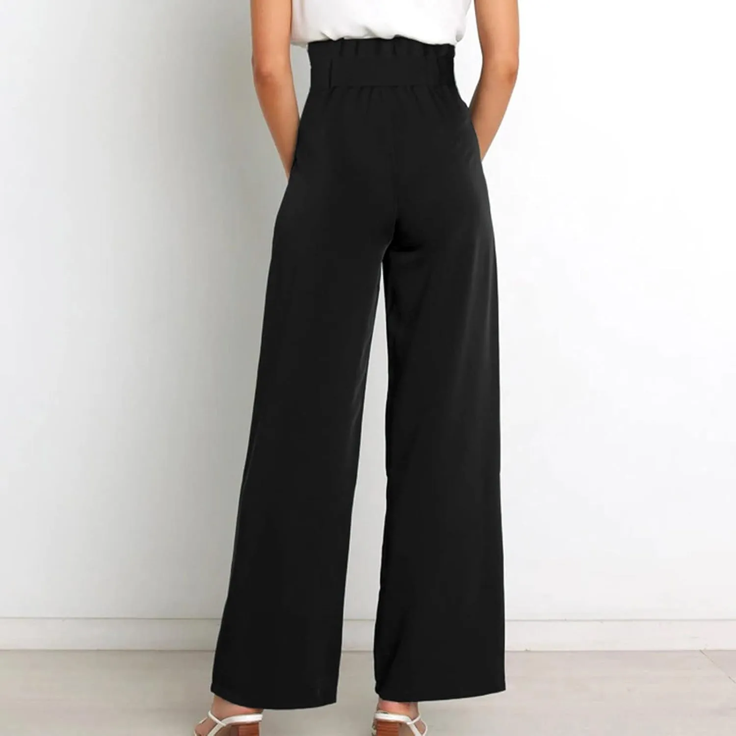 Paper Bag Pants Women High Waist Summer Casual Wide Leg Palazzo Pant Elegant Belted Long Trousers with Pockets