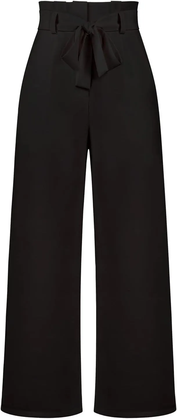 Paper Bag Pants Women High Waist Summer Casual Wide Leg Palazzo Pant Elegant Belted Long Trousers with Pockets