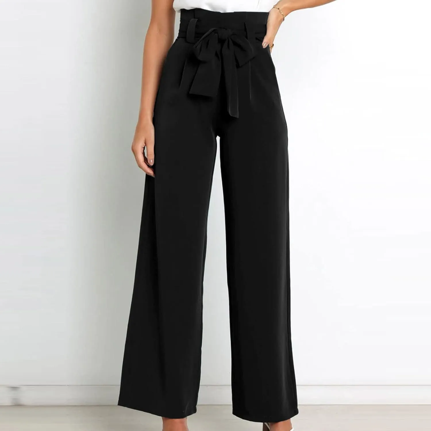 Paper Bag Pants Women High Waist Summer Casual Wide Leg Palazzo Pant Elegant Belted Long Trousers with Pockets