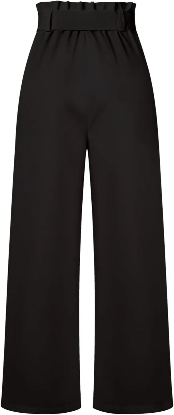 Paper Bag Pants Women High Waist Summer Casual Wide Leg Palazzo Pant Elegant Belted Long Trousers with Pockets