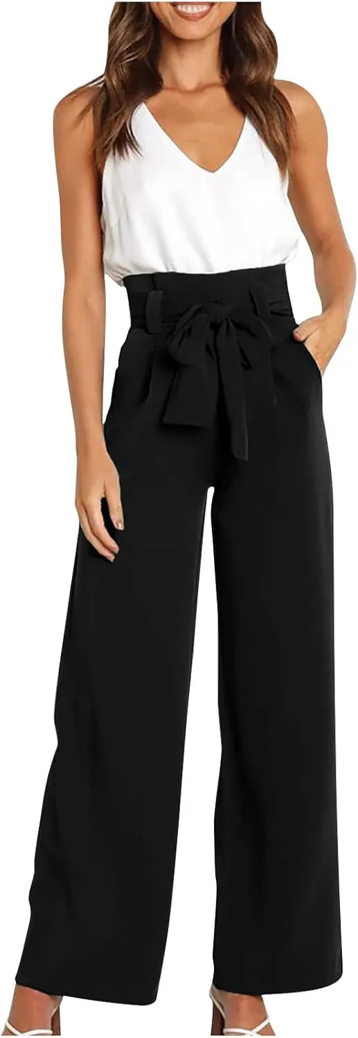 Paper Bag Pants Women High Waist Summer Casual Wide Leg Palazzo Pant Elegant Belted Long Trousers with Pockets