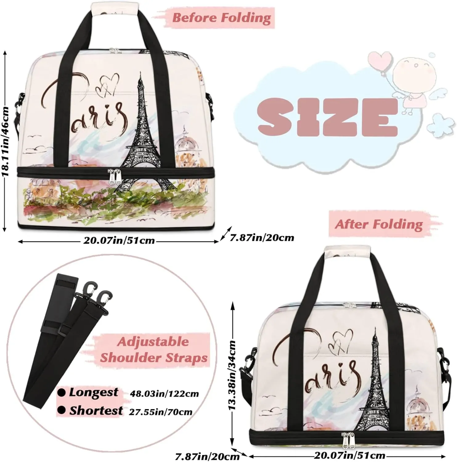Paris Eiffel Tower Foldable Travel Duffel Bag, Expandable Sports Gym Bag with Shoes Compartment Weekender Overnight Totes Bags for Women Men