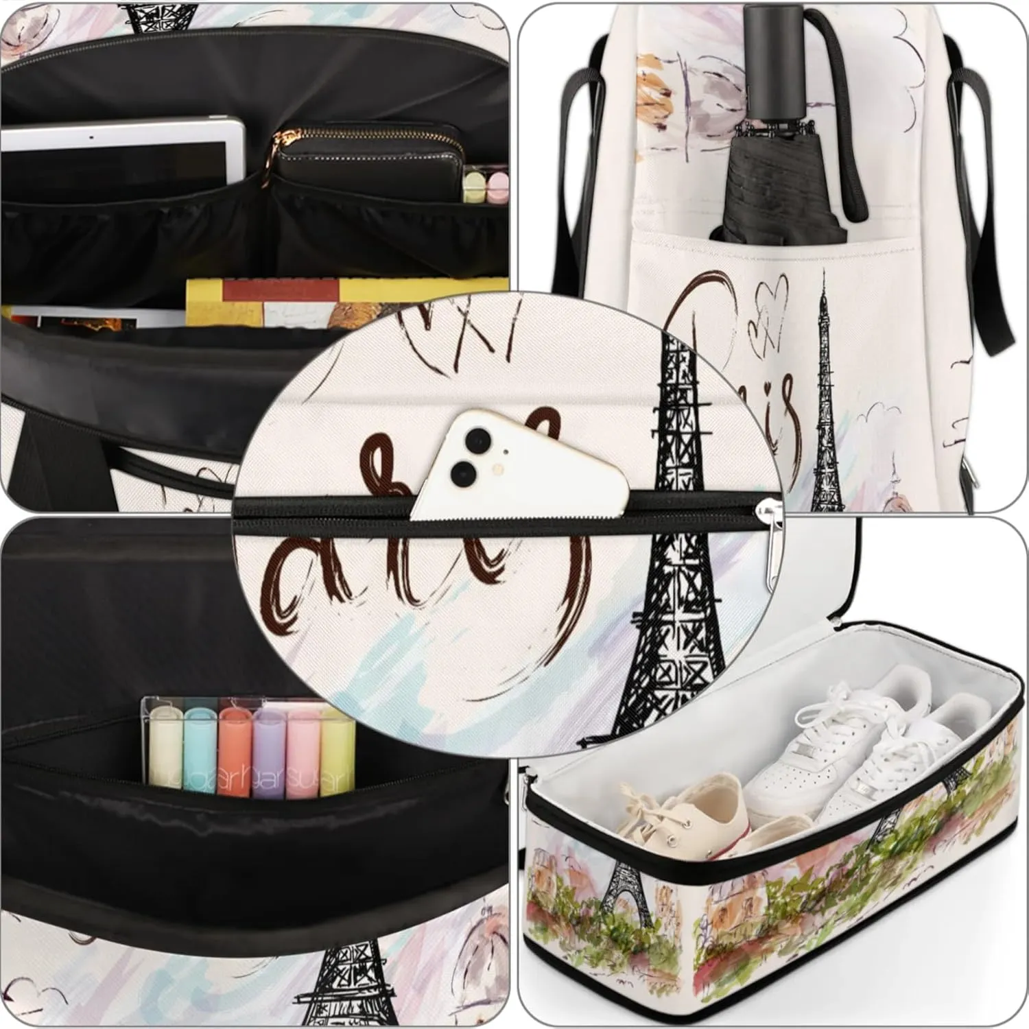 Paris Eiffel Tower Foldable Travel Duffel Bag, Expandable Sports Gym Bag with Shoes Compartment Weekender Overnight Totes Bags for Women Men