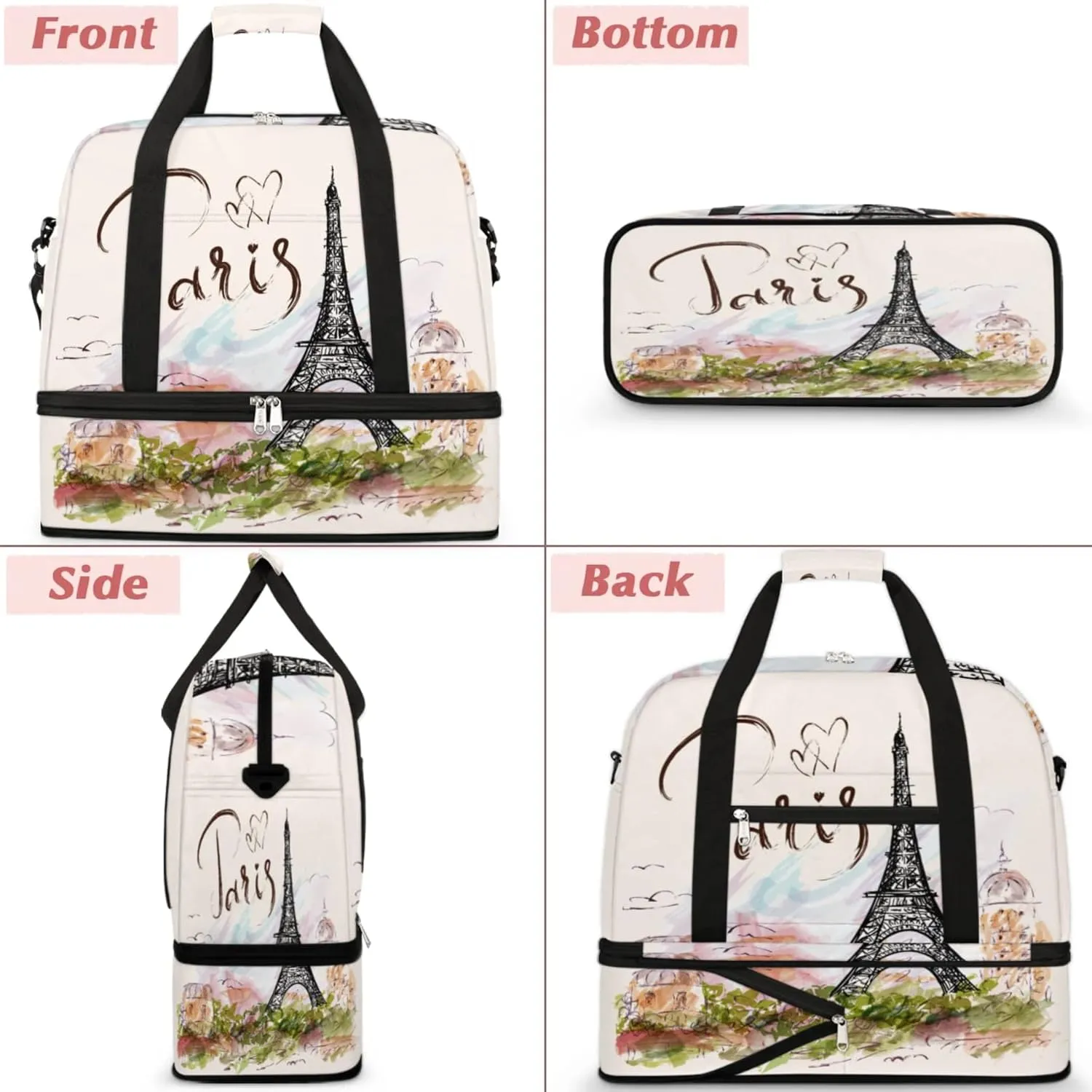 Paris Eiffel Tower Foldable Travel Duffel Bag, Expandable Sports Gym Bag with Shoes Compartment Weekender Overnight Totes Bags for Women Men