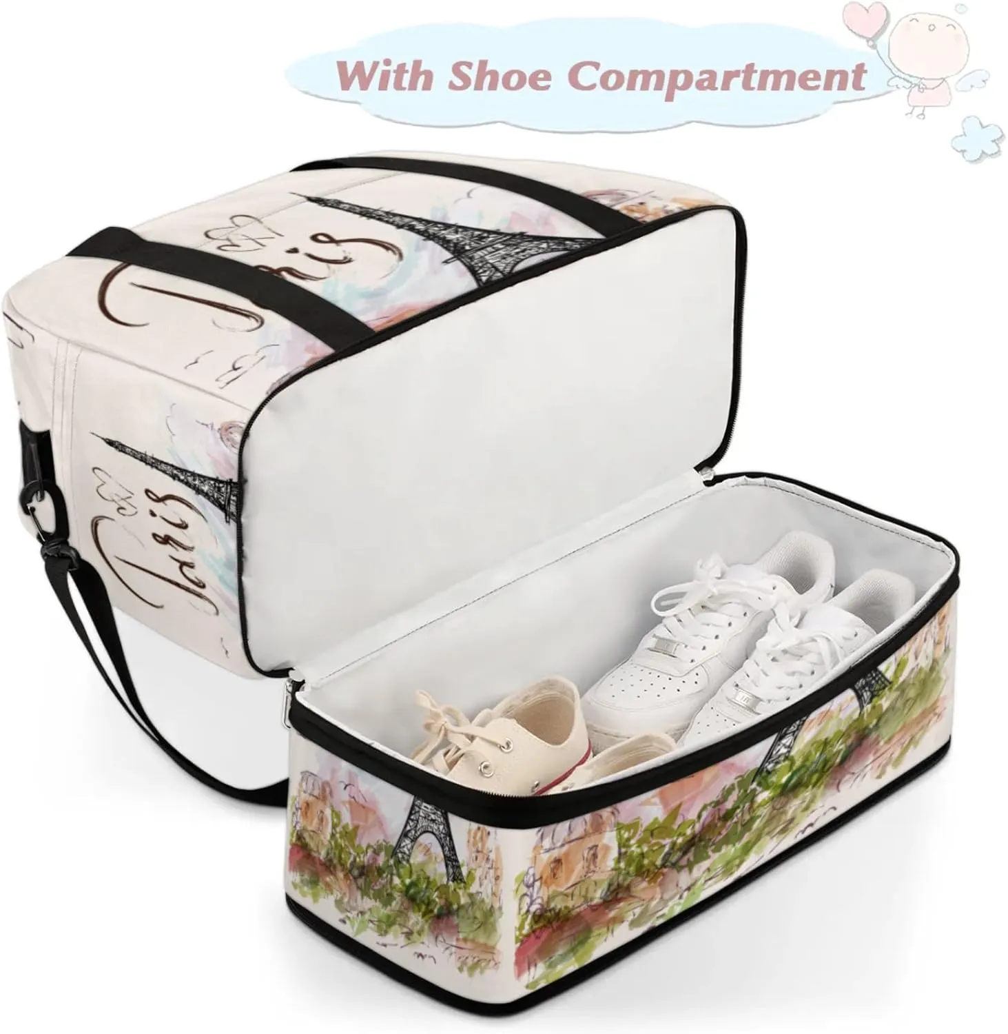 Paris Eiffel Tower Foldable Travel Duffel Bag, Expandable Sports Gym Bag with Shoes Compartment Weekender Overnight Totes Bags for Women Men