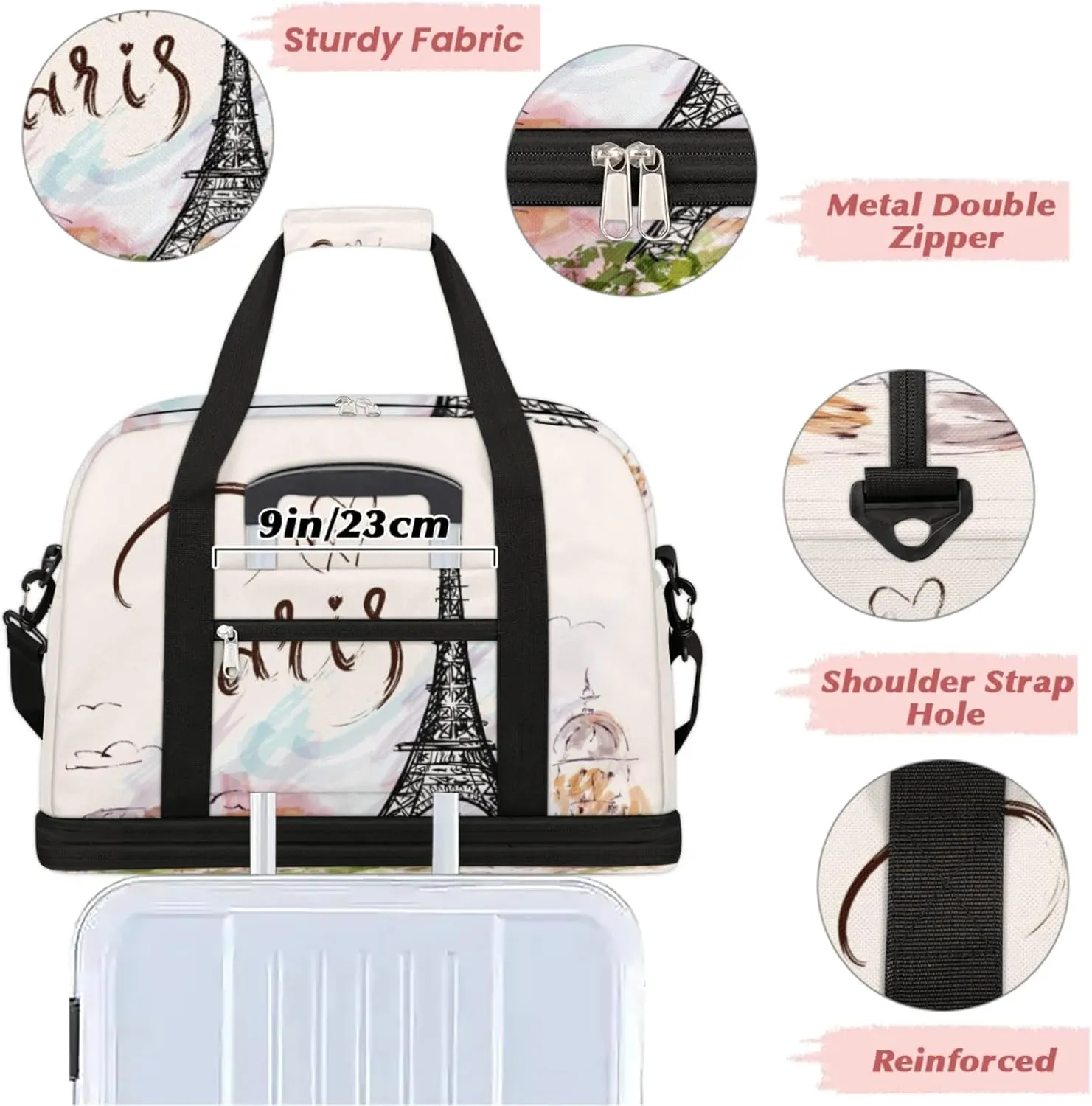 Paris Eiffel Tower Foldable Travel Duffel Bag, Expandable Sports Gym Bag with Shoes Compartment Weekender Overnight Totes Bags for Women Men