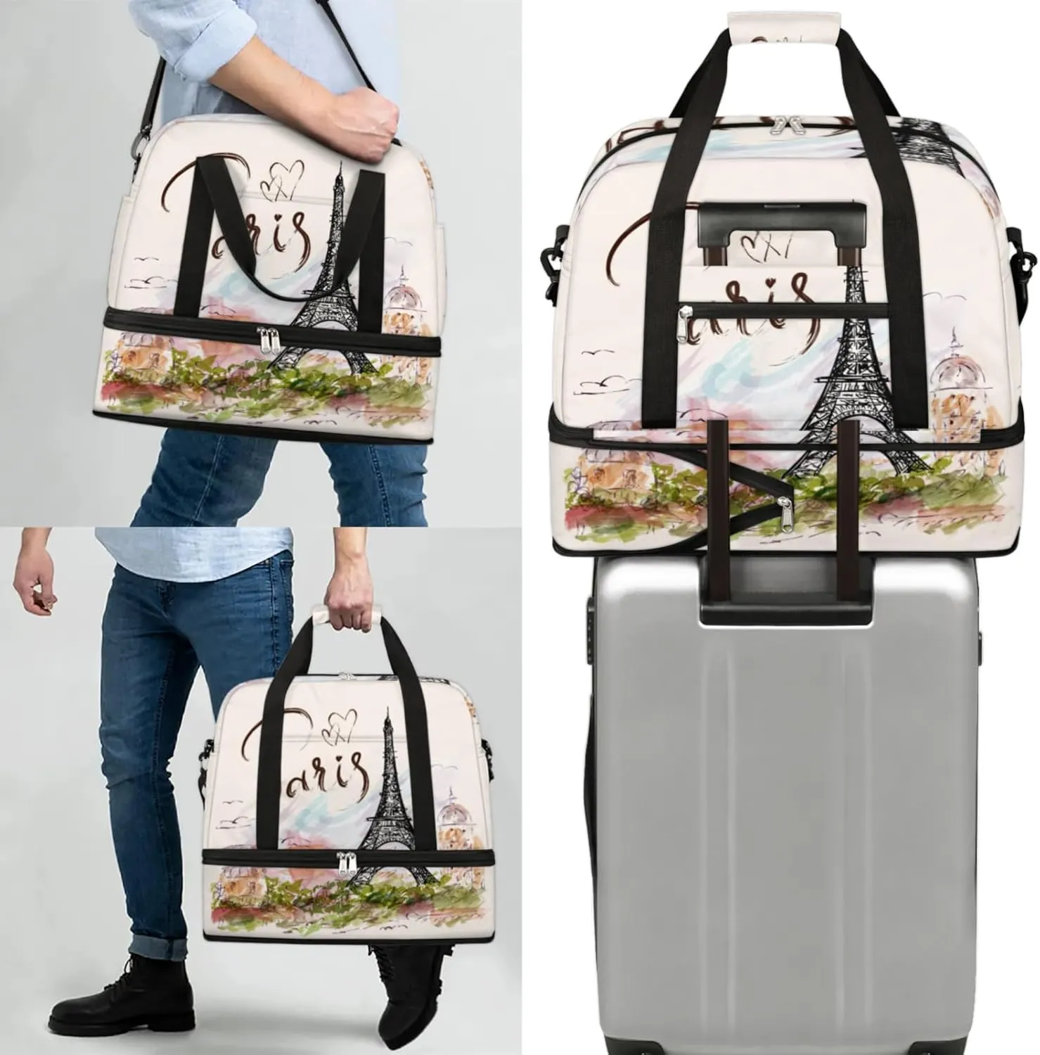 Paris Eiffel Tower Foldable Travel Duffel Bag, Expandable Sports Gym Bag with Shoes Compartment Weekender Overnight Totes Bags for Women Men