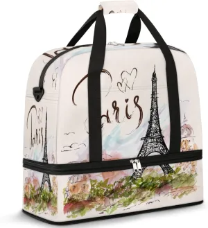 Paris Eiffel Tower Foldable Travel Duffel Bag, Expandable Sports Gym Bag with Shoes Compartment Weekender Overnight Totes Bags for Women Men