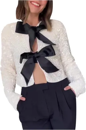 Party Velvet Tops for Women Elegant Sexy Front Bowknot Long Sleeve Shirts Sequin Velour Blouses Solid Cardigan