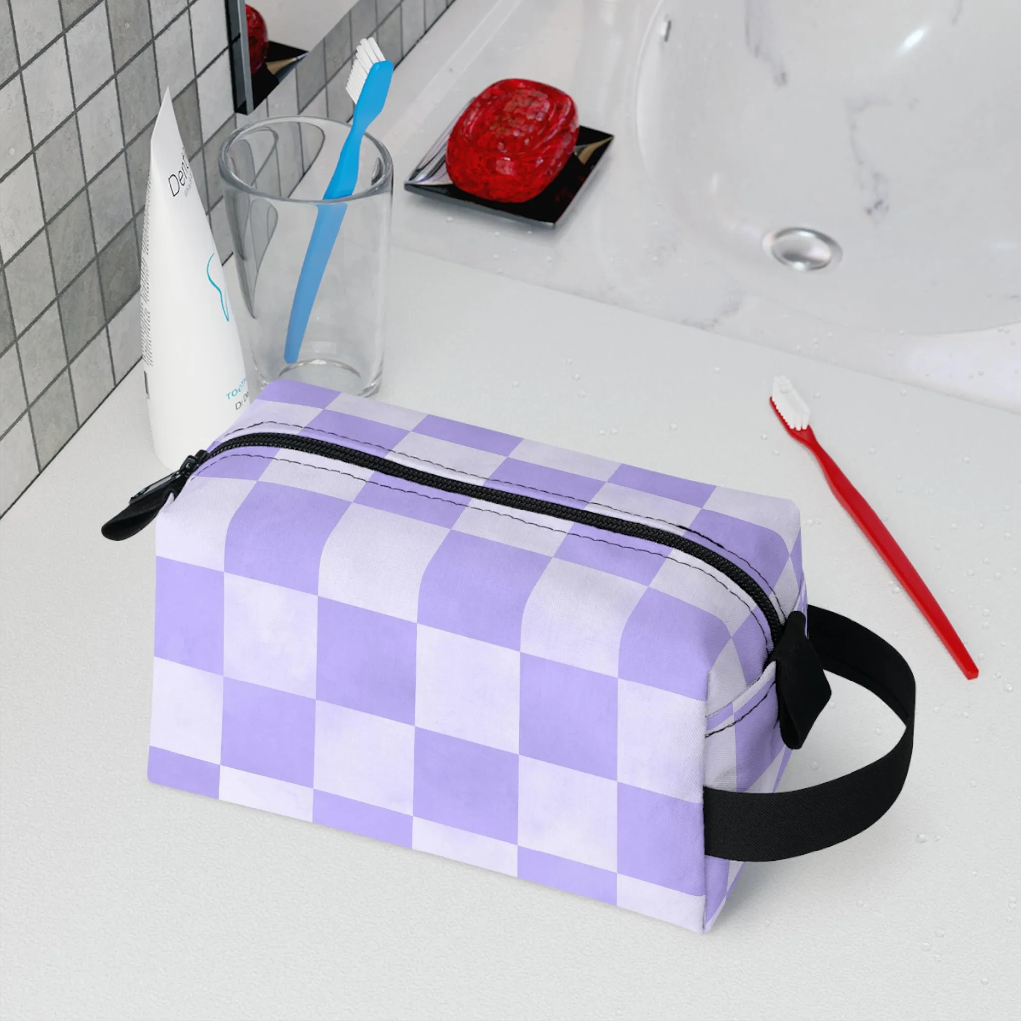 Pastel Checkers Toiletry Bag - Water-Resistant & Chic Cosmetic Organizer - Lightweight Travel Pouch - Elegant Bathroom Accessory