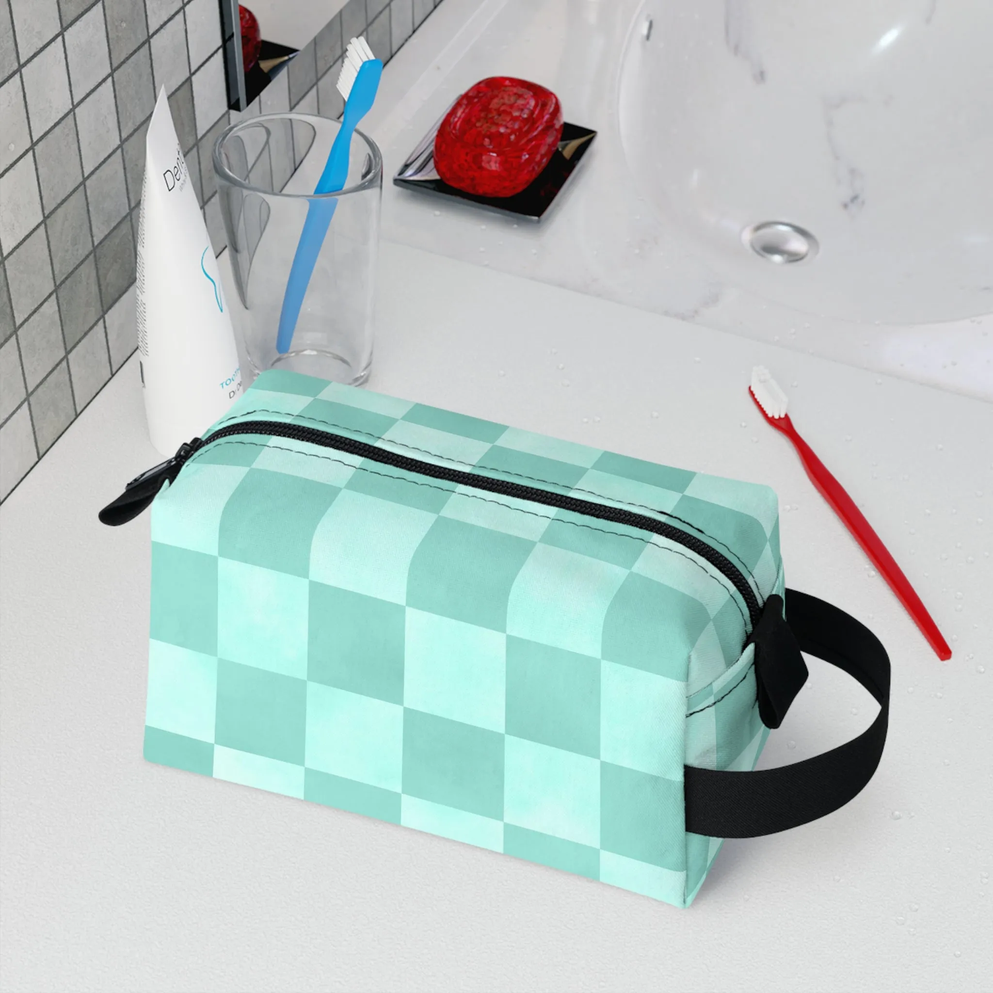 Pastel Checkers Toiletry Bag - Water-Resistant & Chic Cosmetic Organizer - Lightweight Travel Pouch - Elegant Bathroom Accessory