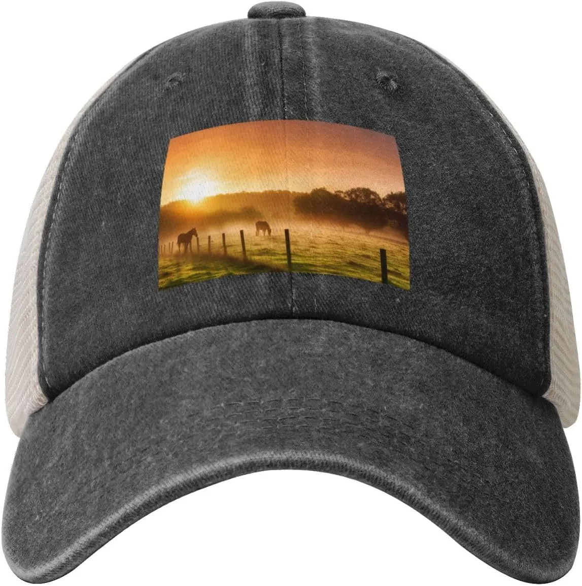 Pasture at Sundown in Orange Sunny Beams Printed Cowboy Mesh Baseball Cap â€” Adjustable mesh