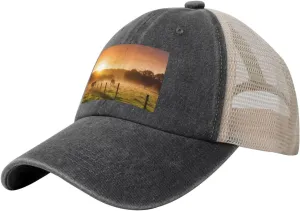 Pasture at Sundown in Orange Sunny Beams Printed Cowboy Mesh Baseball Cap â€” Adjustable mesh