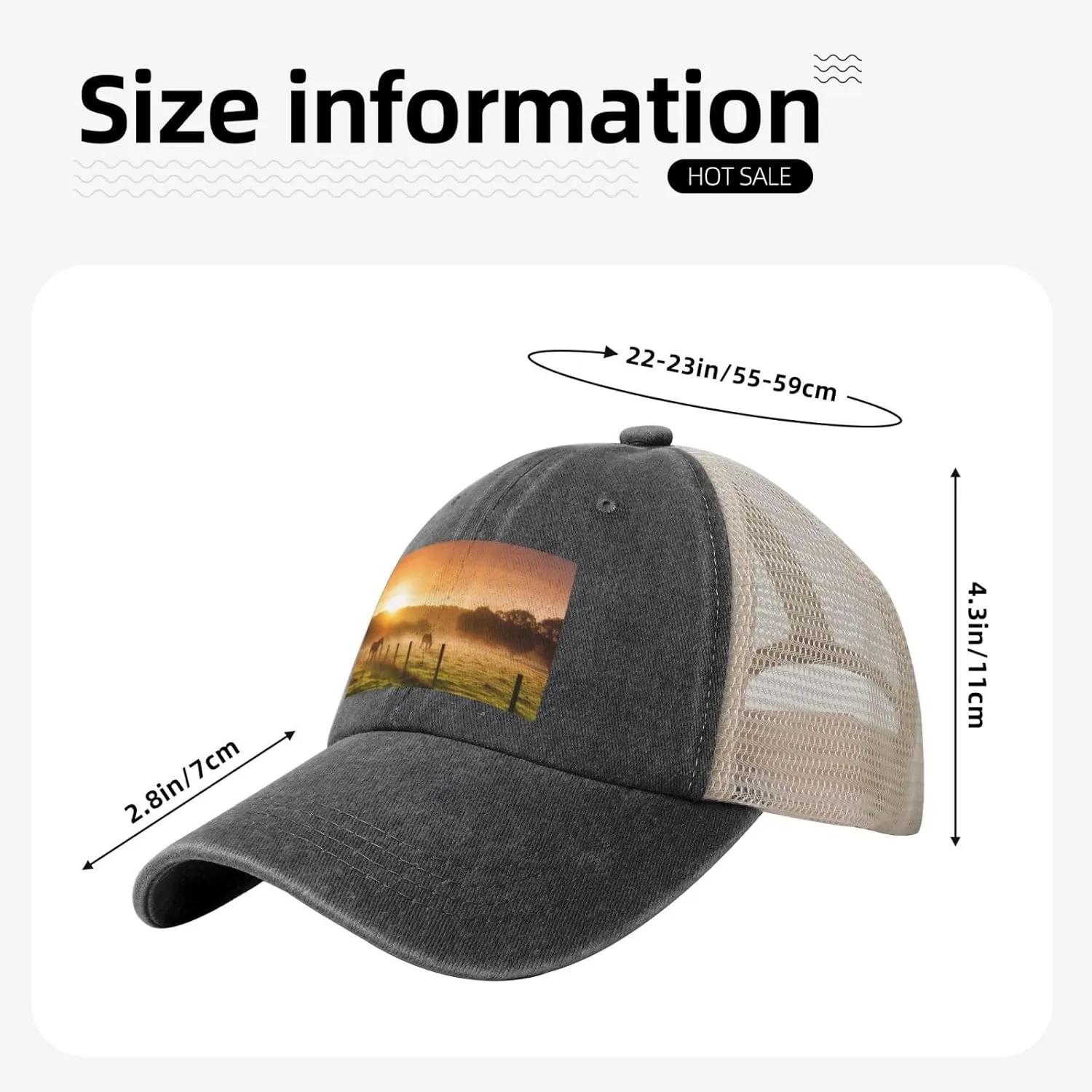 Pasture at Sundown in Orange Sunny Beams Printed Cowboy Mesh Baseball Cap â€” Adjustable mesh