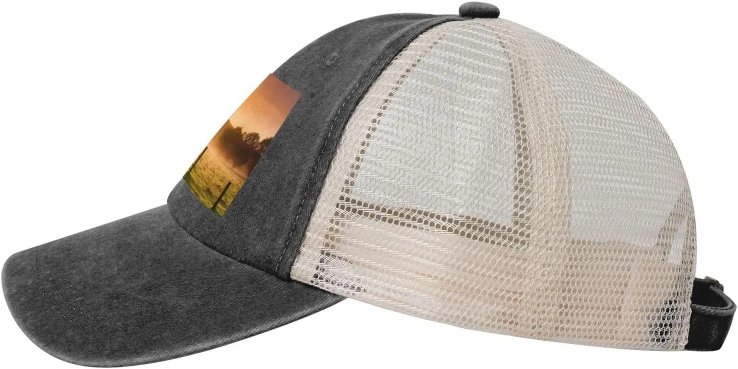Pasture at Sundown in Orange Sunny Beams Printed Cowboy Mesh Baseball Cap â€” Adjustable mesh