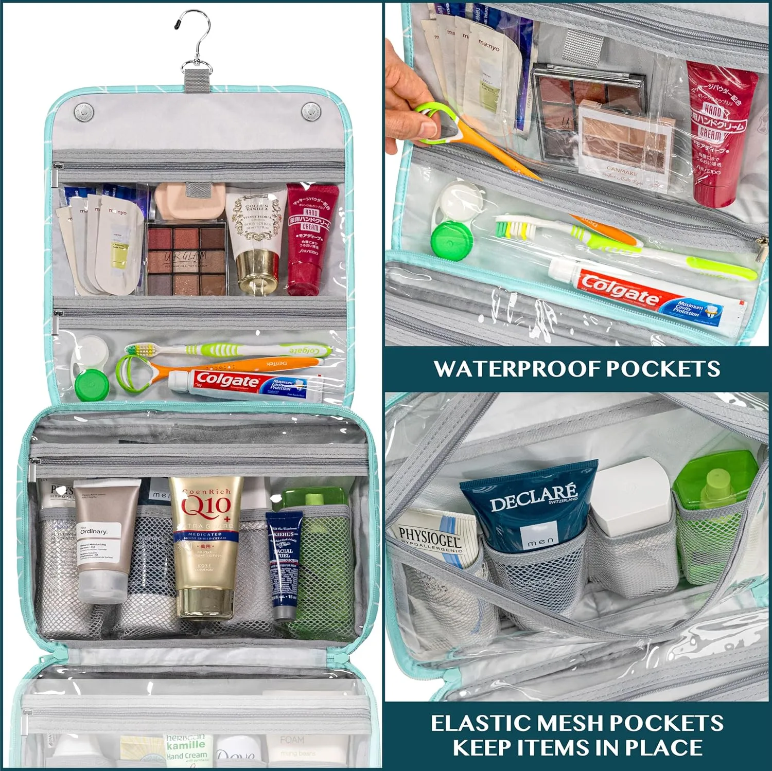 PAVILIA Hanging Toiletry Bag Women Men, Foldable Cosmetic Organizer Travel Bag, Water Resistant Makeup Bag Toiletries, Large Travel Essentials Kit (Teal Chevron)