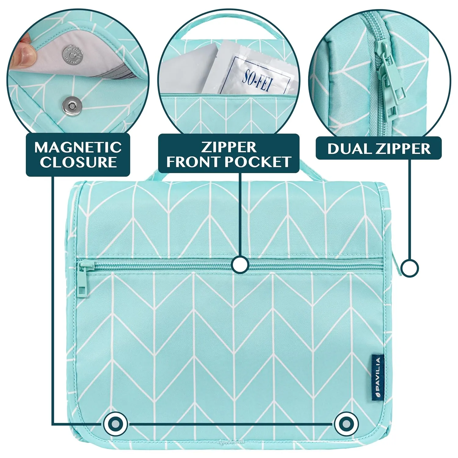 PAVILIA Hanging Toiletry Bag Women Men, Foldable Cosmetic Organizer Travel Bag, Water Resistant Makeup Bag Toiletries, Large Travel Essentials Kit (Teal Chevron)