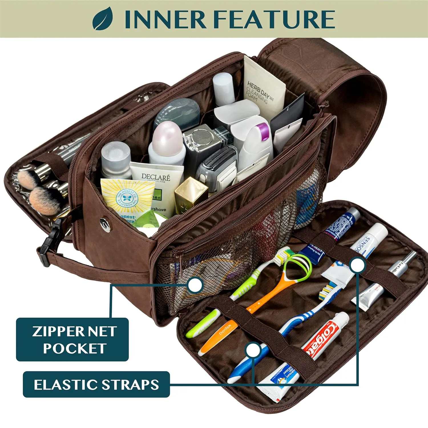 PAVILIA Large Toiletry Bag for Men Women, Mens Travel Bag Toiletries Organizer Case for Grooming, Travel Essentials Shaving Dopp Kit, PU Leather Water Resistant Cosmetic Pouch, Dark Brown
