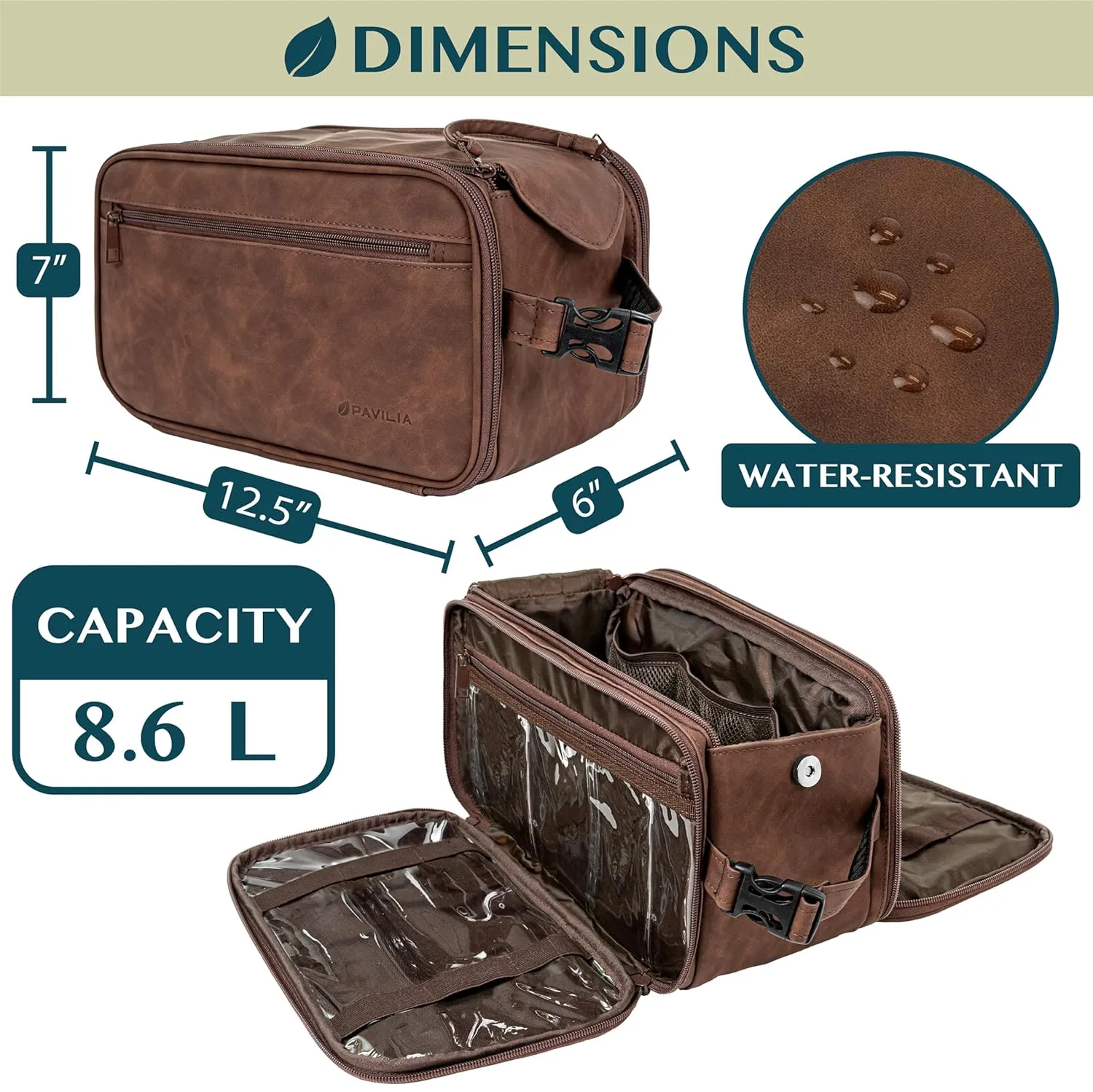 PAVILIA Large Toiletry Bag for Men Women, Mens Travel Bag Toiletries Organizer Case for Grooming, Travel Essentials Shaving Dopp Kit, PU Leather Water Resistant Cosmetic Pouch, Dark Brown