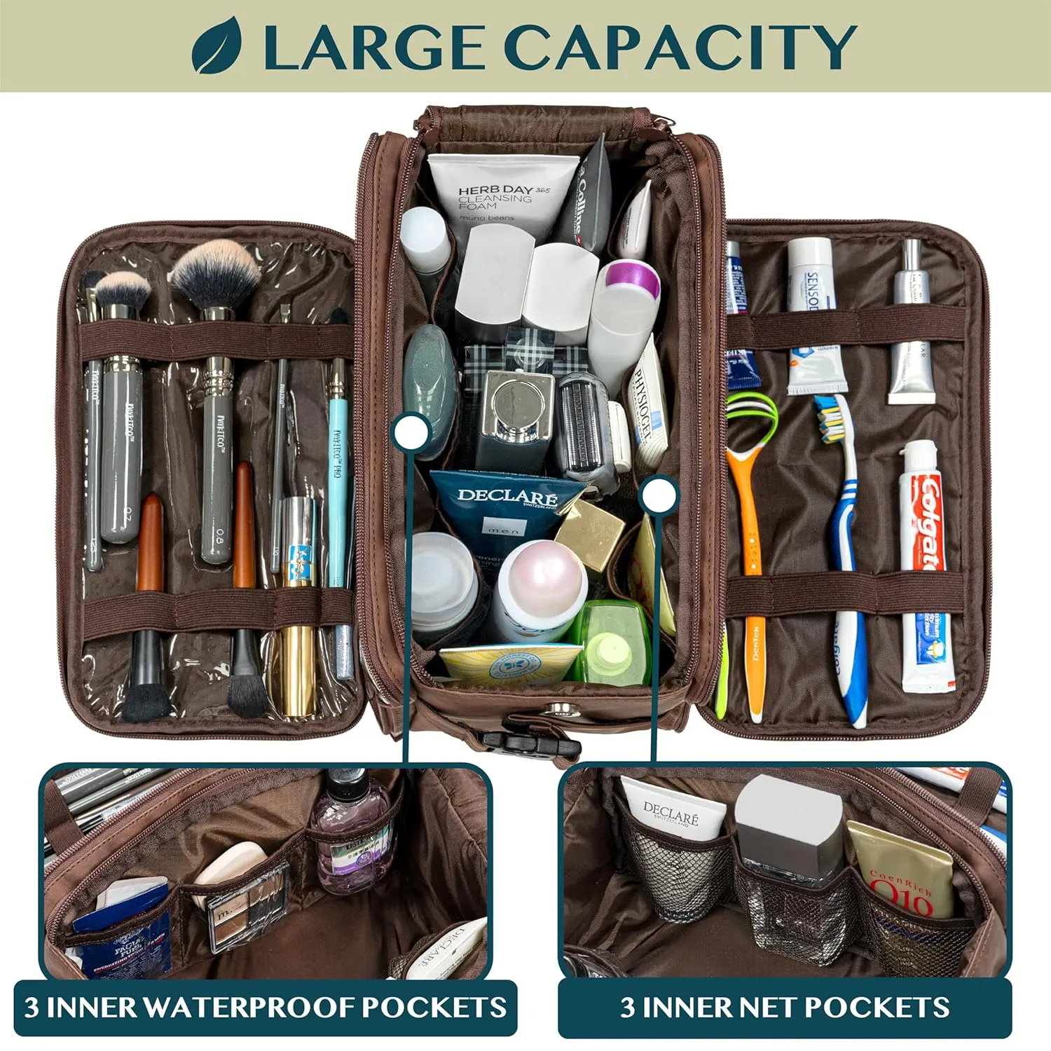 PAVILIA Large Toiletry Bag for Men Women, Mens Travel Bag Toiletries Organizer Case for Grooming, Travel Essentials Shaving Dopp Kit, PU Leather Water Resistant Cosmetic Pouch, Dark Brown
