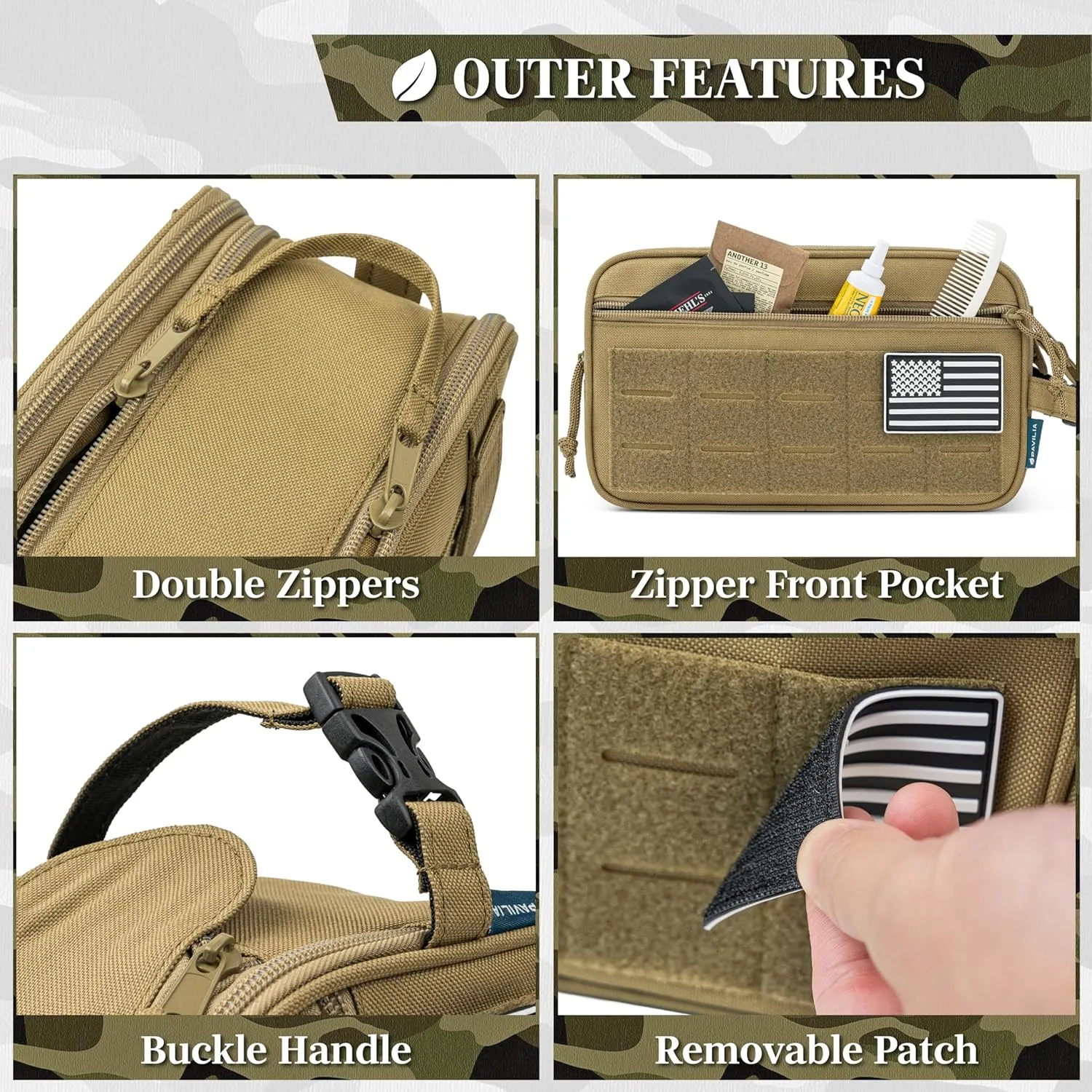 PAVILIA Tactical Toiletry Bag for Men, Hygiene Travel Bag, Military Dopp Kit, Water Resistant Molle Pouch, Mens Shaving Grooming Essentials, Bathroom Shower Toiletries Small Organizer Case, Tan Brown