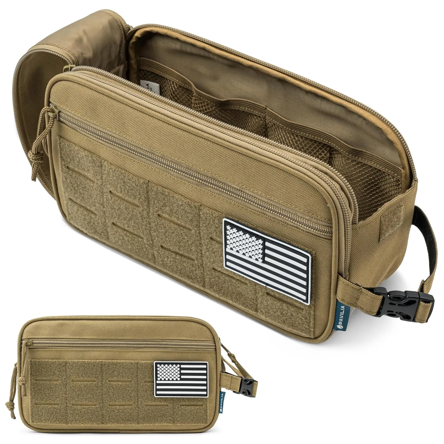 PAVILIA Tactical Toiletry Bag for Men, Hygiene Travel Bag, Military Dopp Kit, Water Resistant Molle Pouch, Mens Shaving Grooming Essentials, Bathroom Shower Toiletries Small Organizer Case, Tan Brown