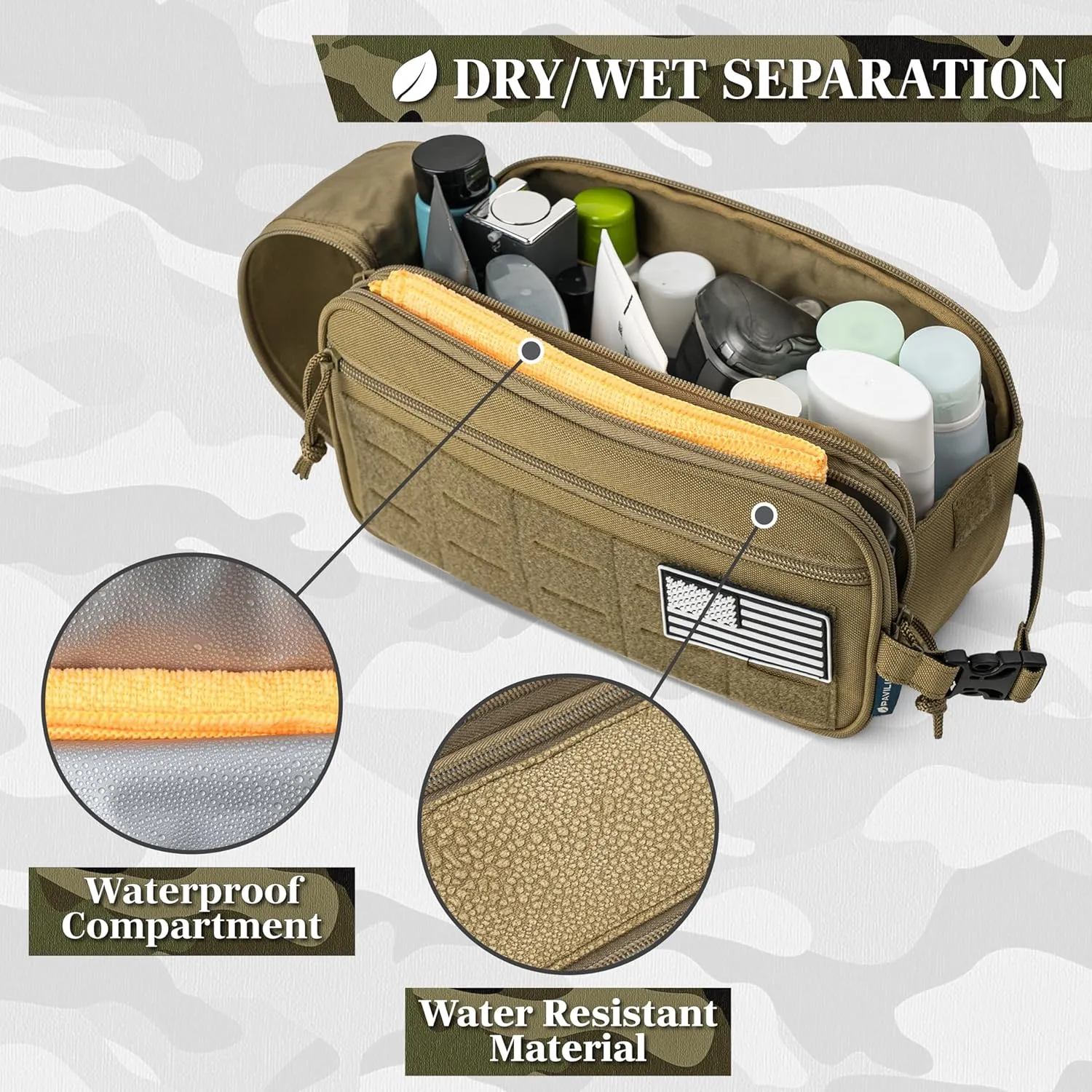 PAVILIA Tactical Toiletry Bag for Men, Hygiene Travel Bag, Military Dopp Kit, Water Resistant Molle Pouch, Mens Shaving Grooming Essentials, Bathroom Shower Toiletries Small Organizer Case, Tan Brown