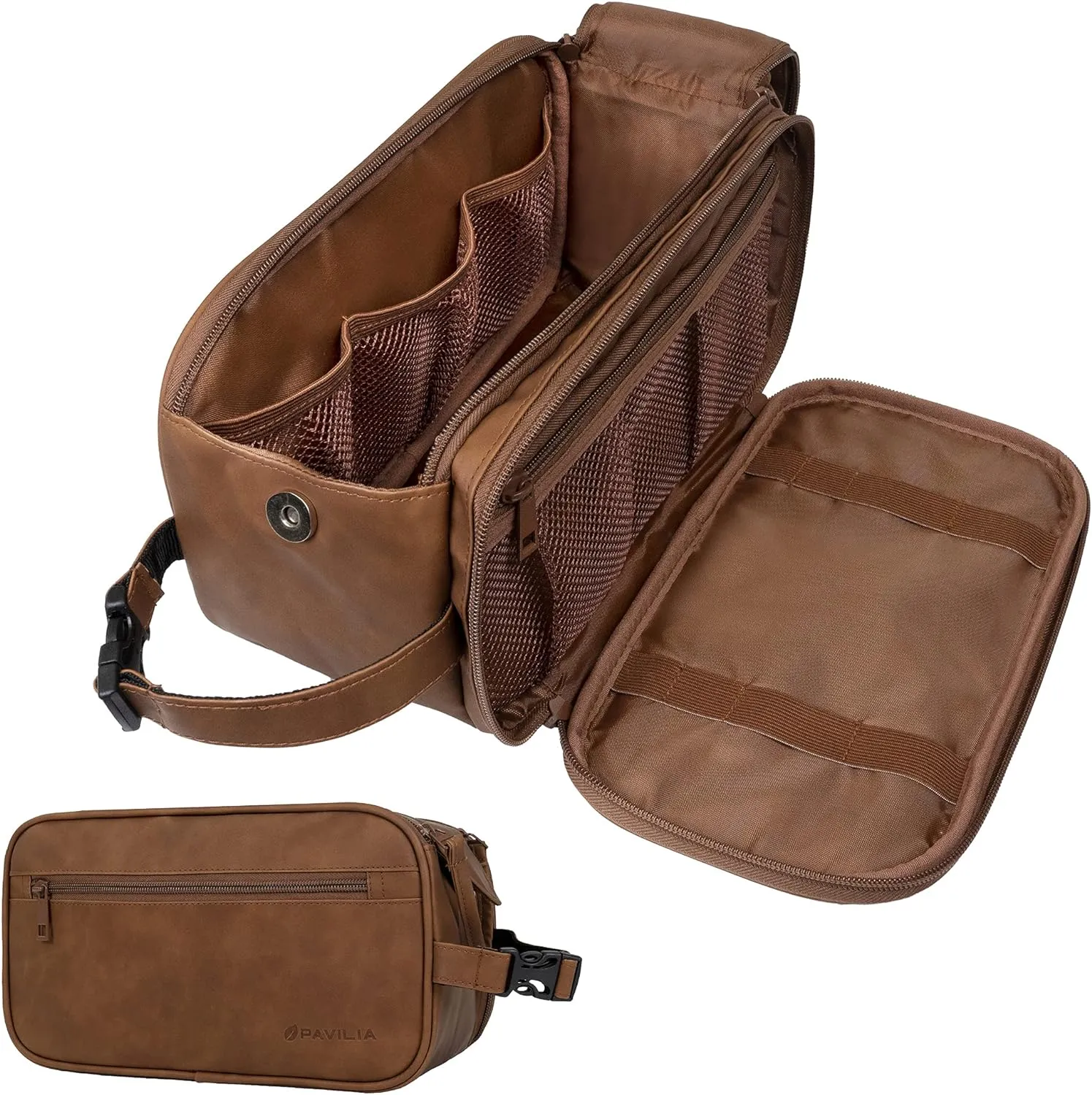 PAVILIA Toiletry Bag for Men, Travel Toiletries Bag | Water-resistant Dopp Kit, PU Leather Shaving Bag Organizer for Toiletry Accessories, Grooming, Hygiene, Cosmetic (Dark Brown)
