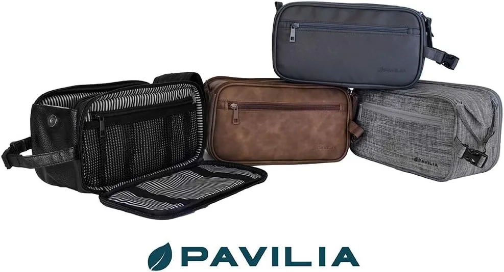 PAVILIA Toiletry Bag for Men, Travel Toiletries Bag | Water-resistant Dopp Kit, PU Leather Shaving Bag Organizer for Toiletry Accessories, Grooming, Hygiene, Cosmetic (Dark Brown)