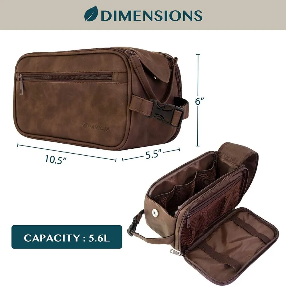 PAVILIA Toiletry Bag for Men, Travel Toiletries Bag | Water-resistant Dopp Kit, PU Leather Shaving Bag Organizer for Toiletry Accessories, Grooming, Hygiene, Cosmetic (Dark Brown)