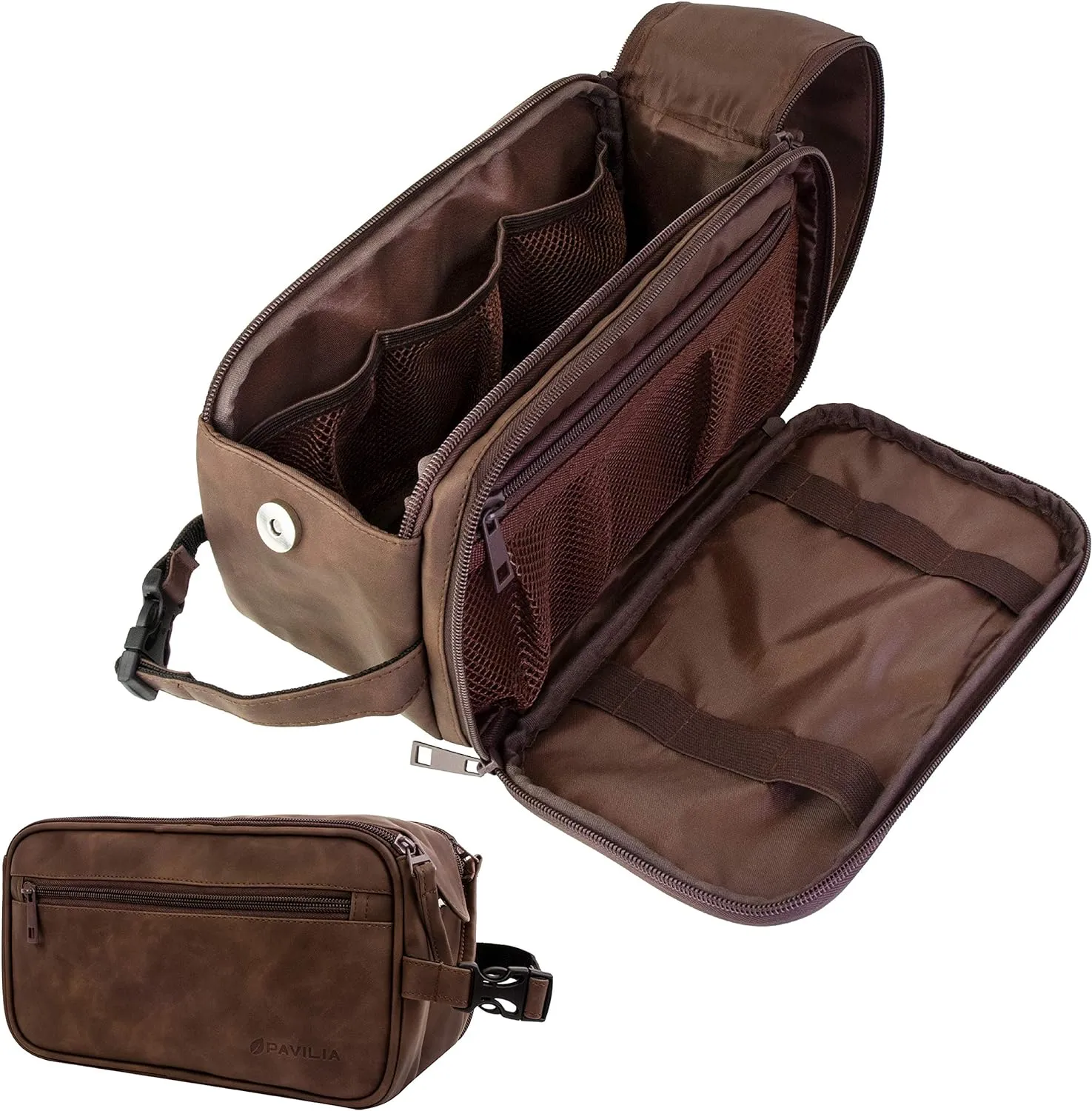 PAVILIA Toiletry Bag for Men, Travel Toiletries Bag | Water-resistant Dopp Kit, PU Leather Shaving Bag Organizer for Toiletry Accessories, Grooming, Hygiene, Cosmetic (Dark Brown)