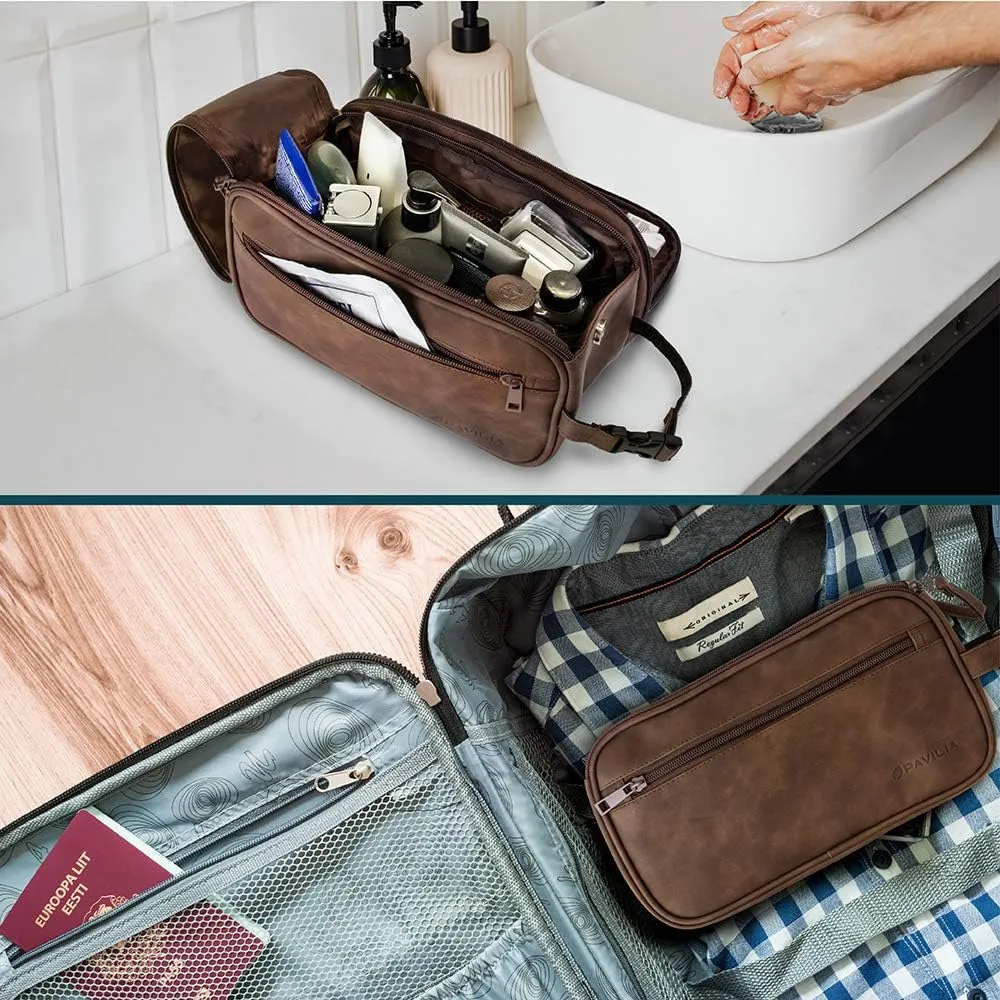 PAVILIA Toiletry Bag for Men, Travel Toiletries Bag | Water-resistant Dopp Kit, PU Leather Shaving Bag Organizer for Toiletry Accessories, Grooming, Hygiene, Cosmetic (Dark Brown)