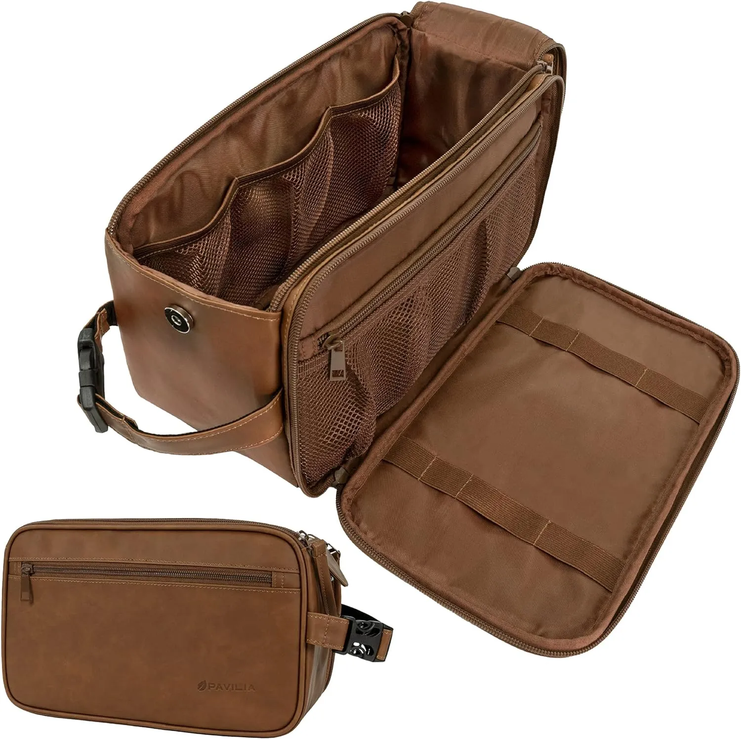 PAVILIA Toiletry Bag for Men, Travel Toiletries Bag | Water-resistant Dopp Kit, PU Leather Shaving Bag Organizer for Toiletry Accessories, Grooming, Hygiene, Cosmetic (Dark Brown)