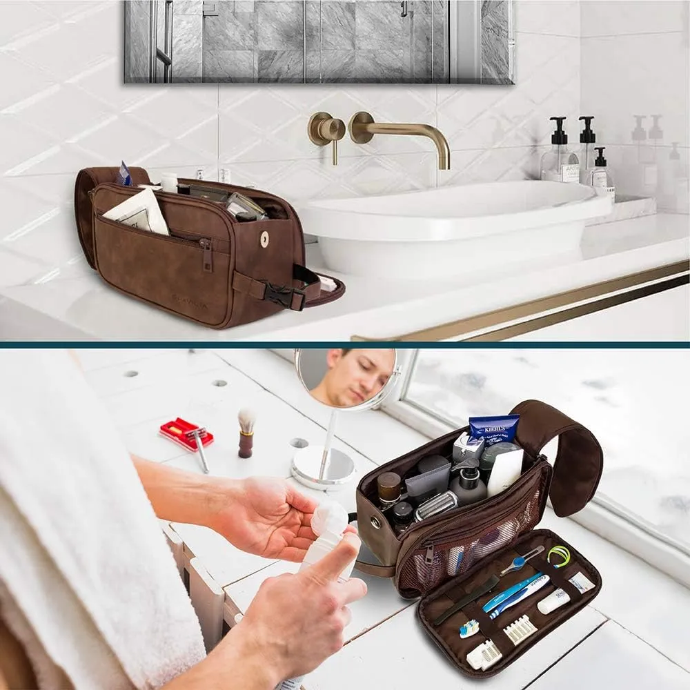 PAVILIA Toiletry Bag for Men, Travel Toiletries Bag | Water-resistant Dopp Kit, PU Leather Shaving Bag Organizer for Toiletry Accessories, Grooming, Hygiene, Cosmetic (Dark Brown)