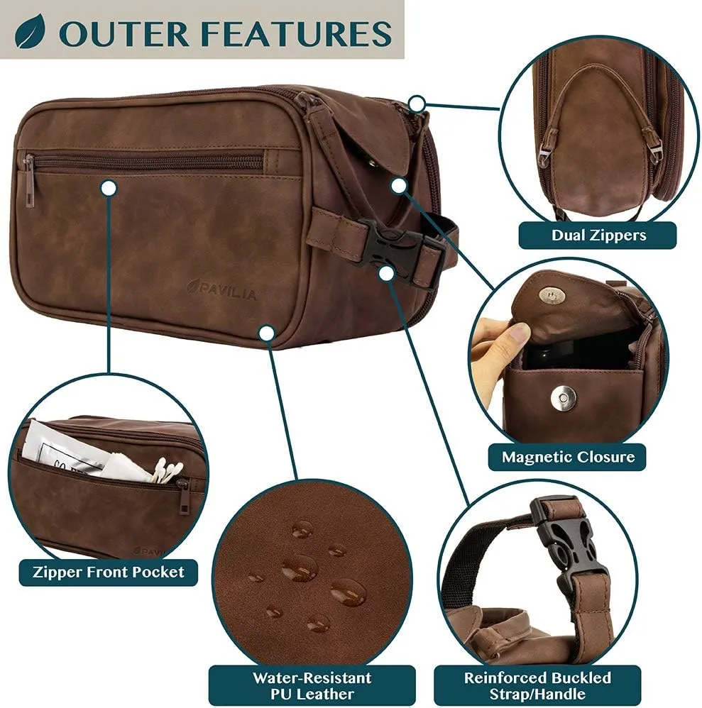 PAVILIA Toiletry Bag for Men, Travel Toiletries Bag | Water-resistant Dopp Kit, PU Leather Shaving Bag Organizer for Toiletry Accessories, Grooming, Hygiene, Cosmetic (Dark Brown)