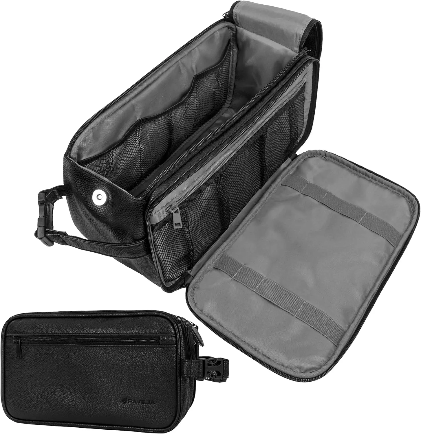 PAVILIA Toiletry Bag for Men, Travel Toiletries Bag | Water-resistant Dopp Kit, PU Leather Shaving Bag Organizer for Toiletry Accessories, Grooming, Hygiene, Cosmetic (Dark Brown)