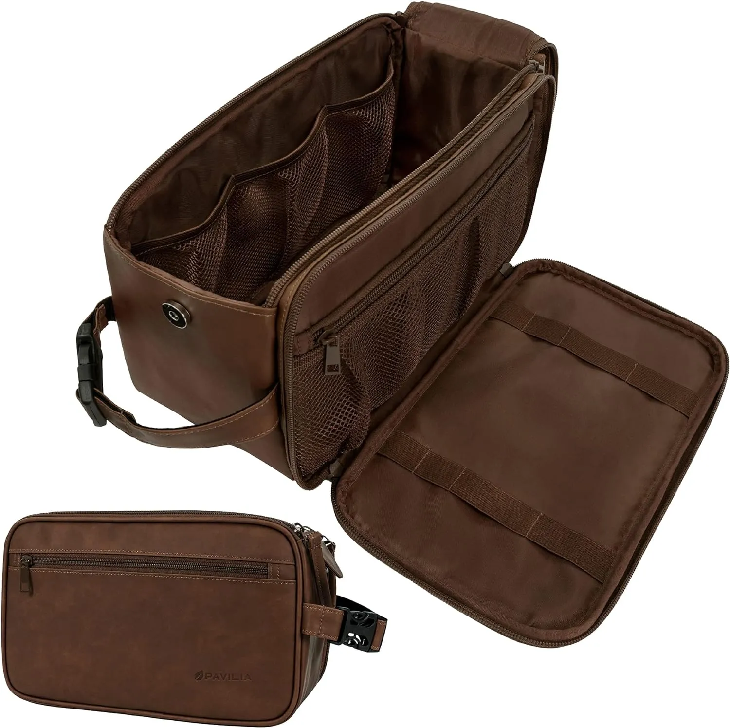 PAVILIA Toiletry Bag for Men, Travel Toiletries Bag | Water-resistant Dopp Kit, PU Leather Shaving Bag Organizer for Toiletry Accessories, Grooming, Hygiene, Cosmetic (Dark Brown)