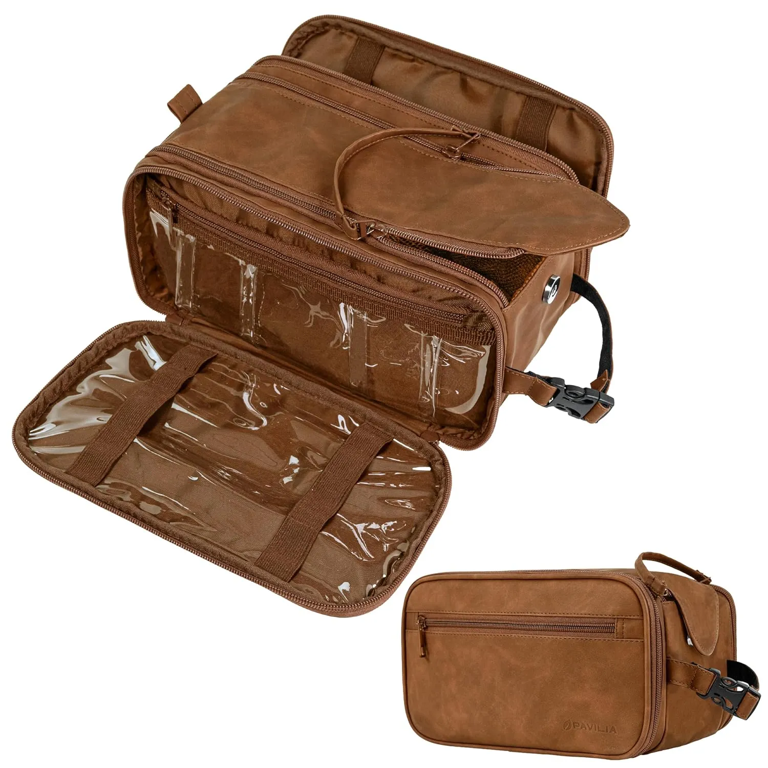 PAVILIA Toiletry Bag for Men Women, Mens Travel Bag Toiletries Organizer Case for Grooming, Travel Essentials Shaving Dopp Kit, PU Leather Water Resistant Cosmetic Pouch, Brown