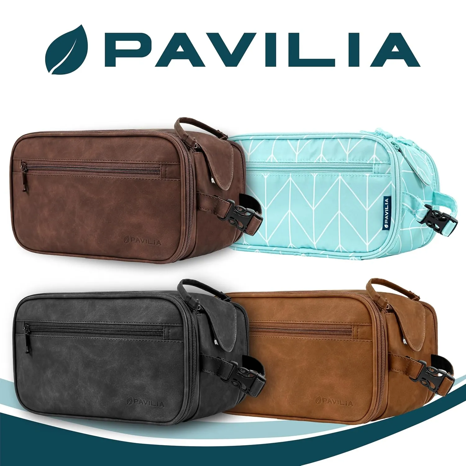 PAVILIA Toiletry Bag for Men Women, Mens Travel Bag Toiletries Organizer Case for Grooming, Travel Essentials Shaving Dopp Kit, PU Leather Water Resistant Cosmetic Pouch, Brown