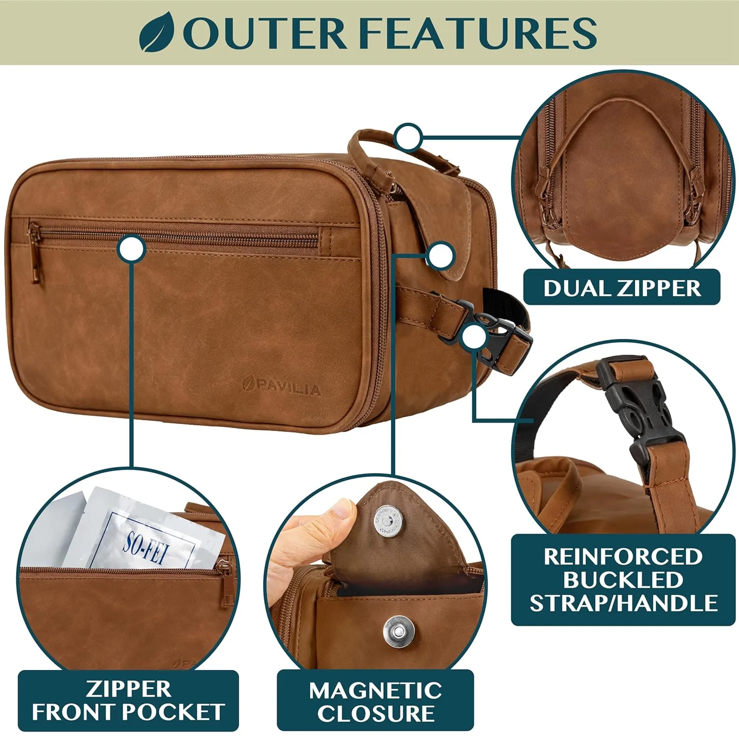 PAVILIA Toiletry Bag for Men Women, Mens Travel Bag Toiletries Organizer Case for Grooming, Travel Essentials Shaving Dopp Kit, PU Leather Water Resistant Cosmetic Pouch, Brown