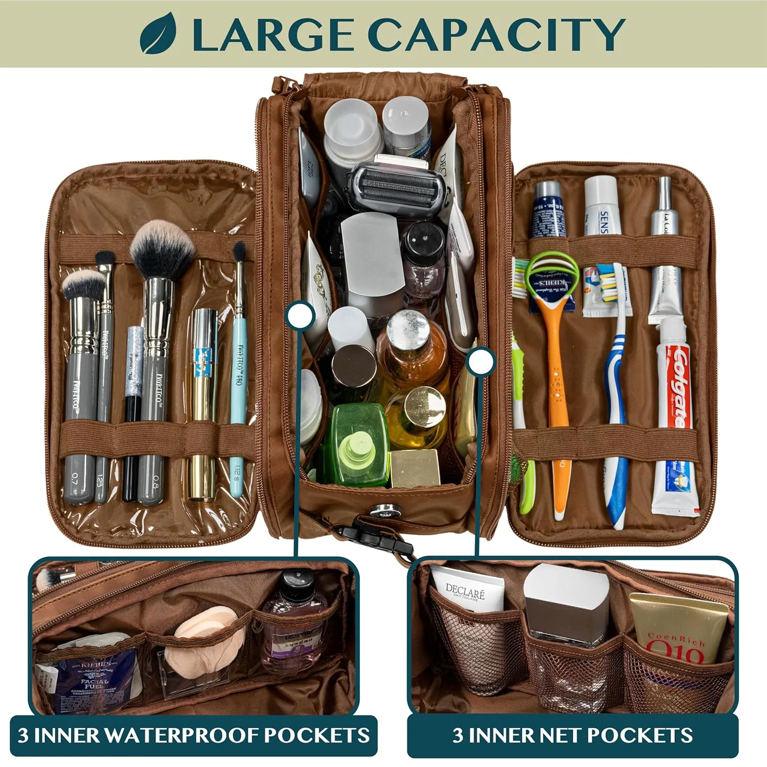 PAVILIA Toiletry Bag for Men Women, Mens Travel Bag Toiletries Organizer Case for Grooming, Travel Essentials Shaving Dopp Kit, PU Leather Water Resistant Cosmetic Pouch, Brown