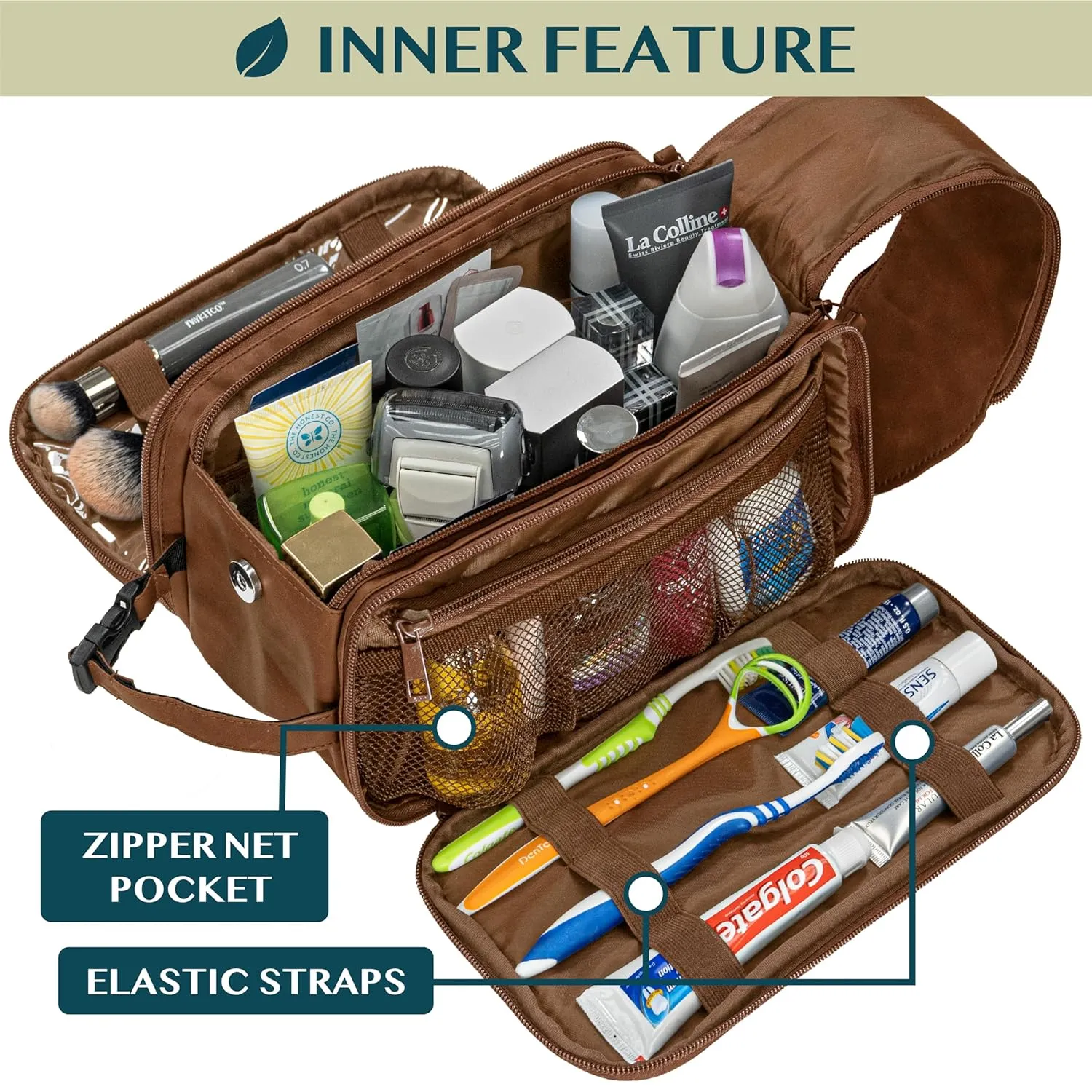 PAVILIA Toiletry Bag for Men Women, Mens Travel Bag Toiletries Organizer Case for Grooming, Travel Essentials Shaving Dopp Kit, PU Leather Water Resistant Cosmetic Pouch, Brown