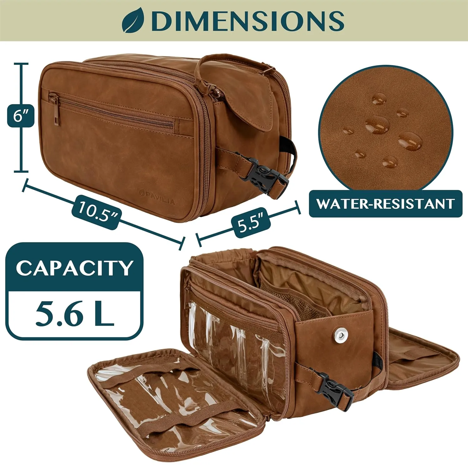 PAVILIA Toiletry Bag for Men Women, Mens Travel Bag Toiletries Organizer Case for Grooming, Travel Essentials Shaving Dopp Kit, PU Leather Water Resistant Cosmetic Pouch, Brown