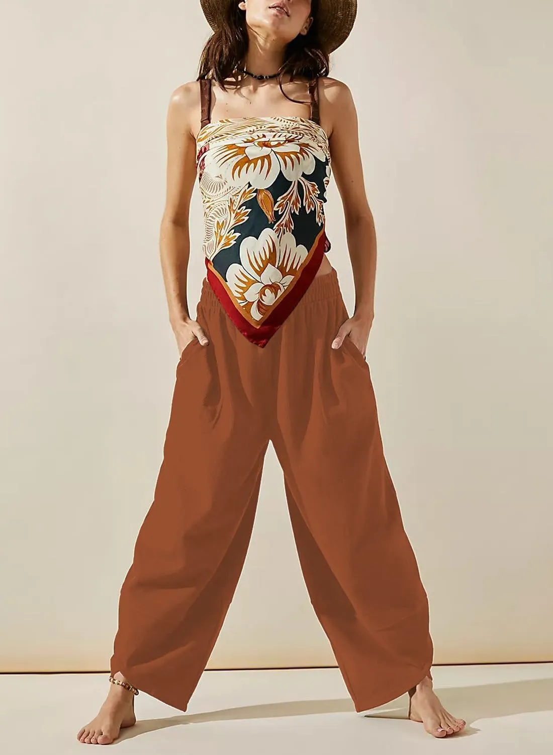 Peaceglad Cotton Linen Harem Pants with Pockets Palazzo Pants for Women Causal Cropped Wide Leg Trousers