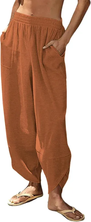 Peaceglad Cotton Linen Harem Pants with Pockets Palazzo Pants for Women Causal Cropped Wide Leg Trousers