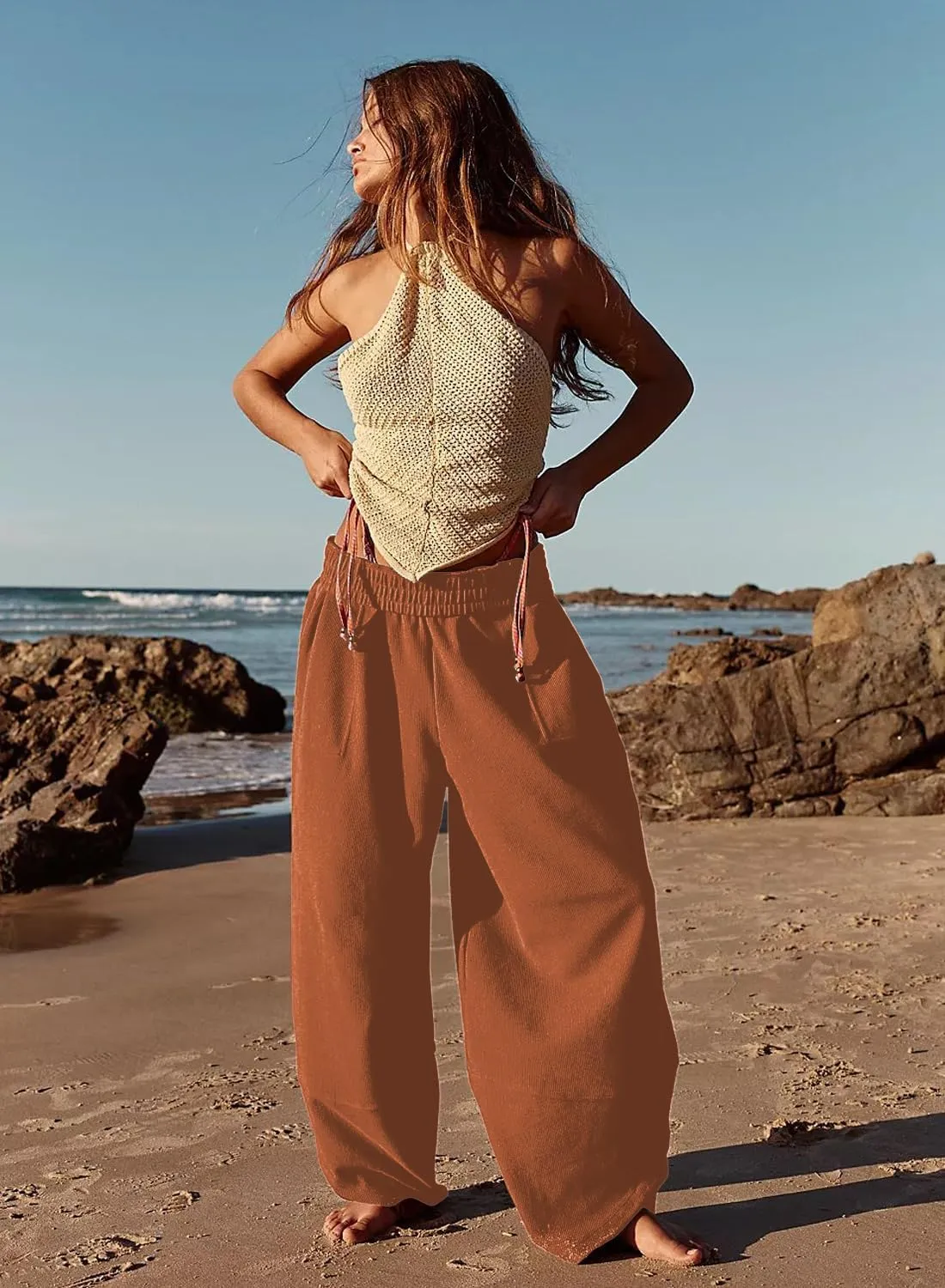 Peaceglad Cotton Linen Harem Pants with Pockets Palazzo Pants for Women Causal Cropped Wide Leg Trousers