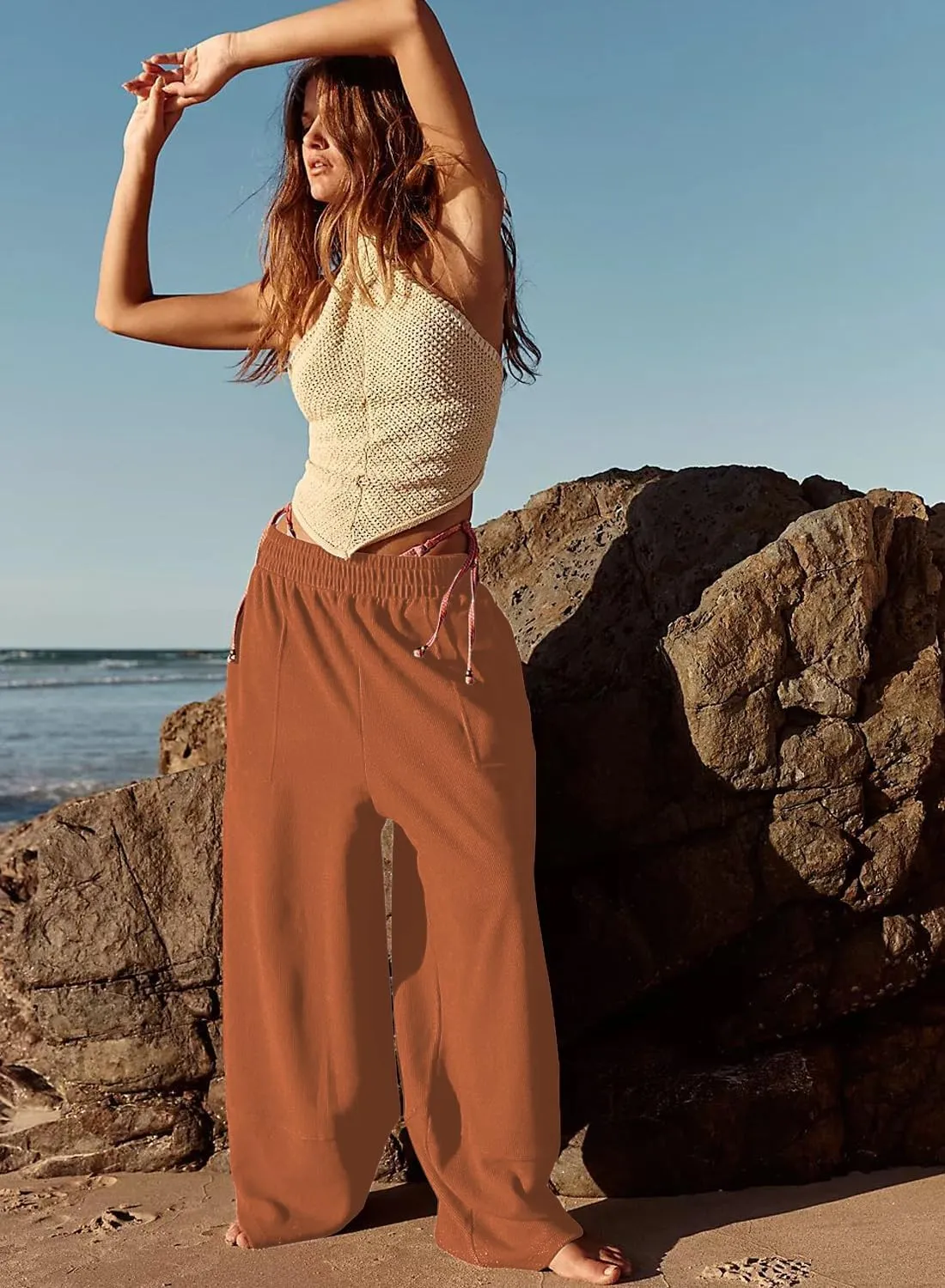 Peaceglad Cotton Linen Harem Pants with Pockets Palazzo Pants for Women Causal Cropped Wide Leg Trousers