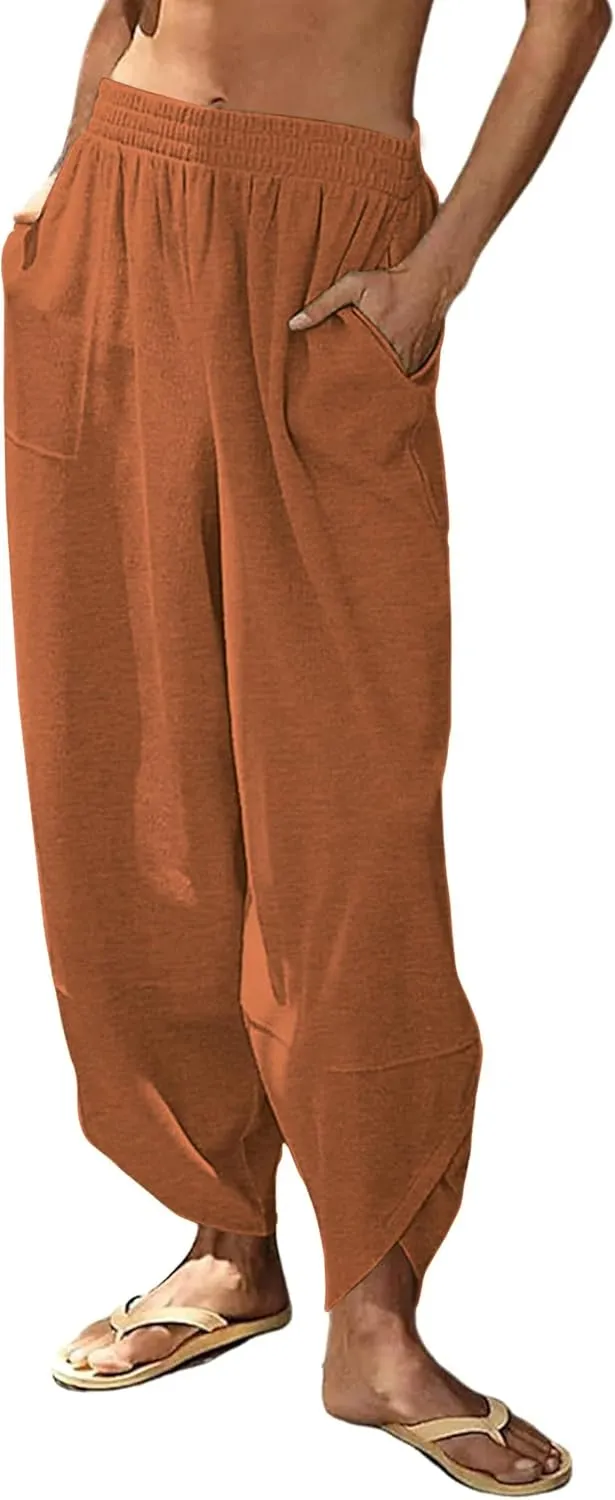 Peaceglad Cotton Linen Harem Pants with Pockets Palazzo Pants for Women Causal Cropped Wide Leg Trousers