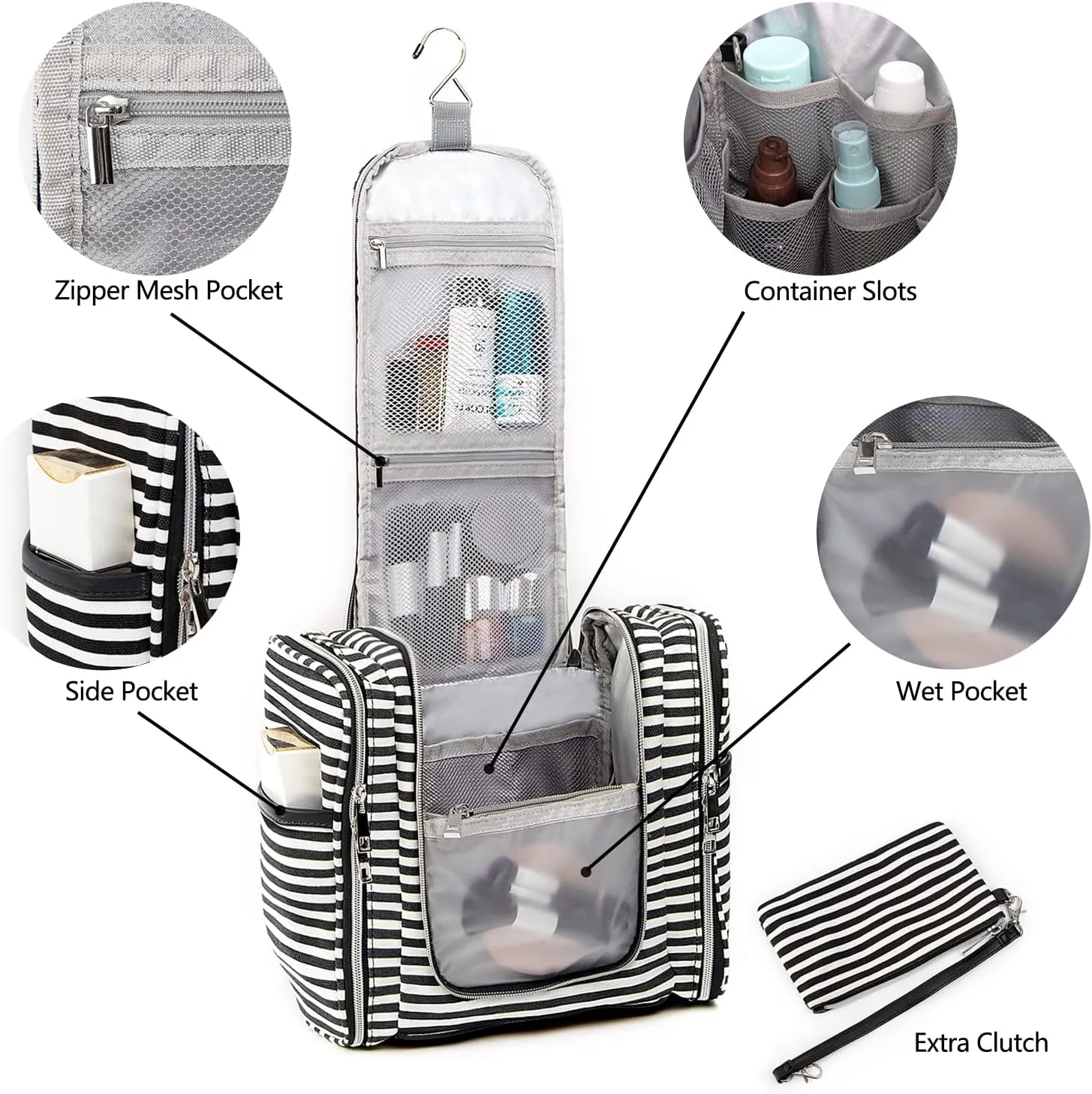 Pearl Angeli Hanging Travel Toiletry Bag for Women Men Water Resistant Travel Makeup Organizer Bag Large Capacity Travel Cosmetic Bag for Full Sized Container Toiletries, Black
